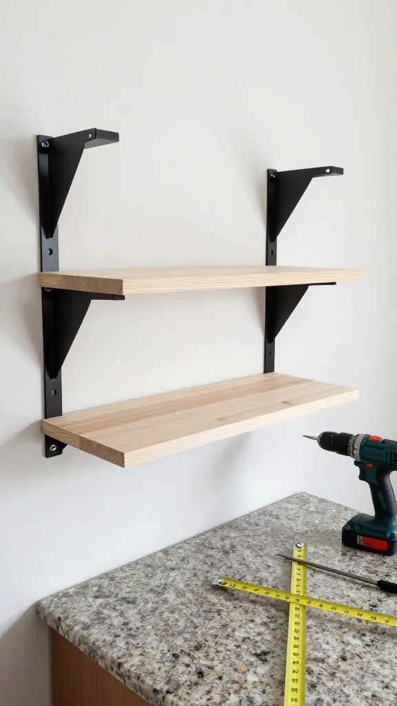 A side-angle studio shot of a DIY floating shelf in progress: unmounted brackets, a partially installed wooden shelf, a drill, and measurement tools on a granite countertop.