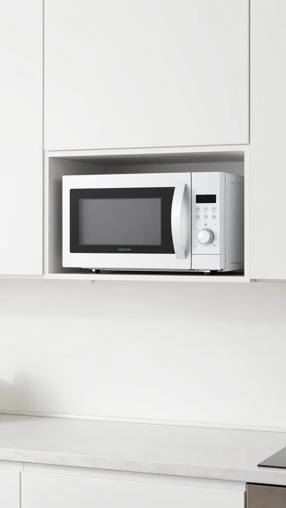 A bright, airy kitchen showing a fully installed wall-mounted microwave shelf in a wall of white cabinetry, with visible spacing for airflow, and no clutter on the counter beneath.