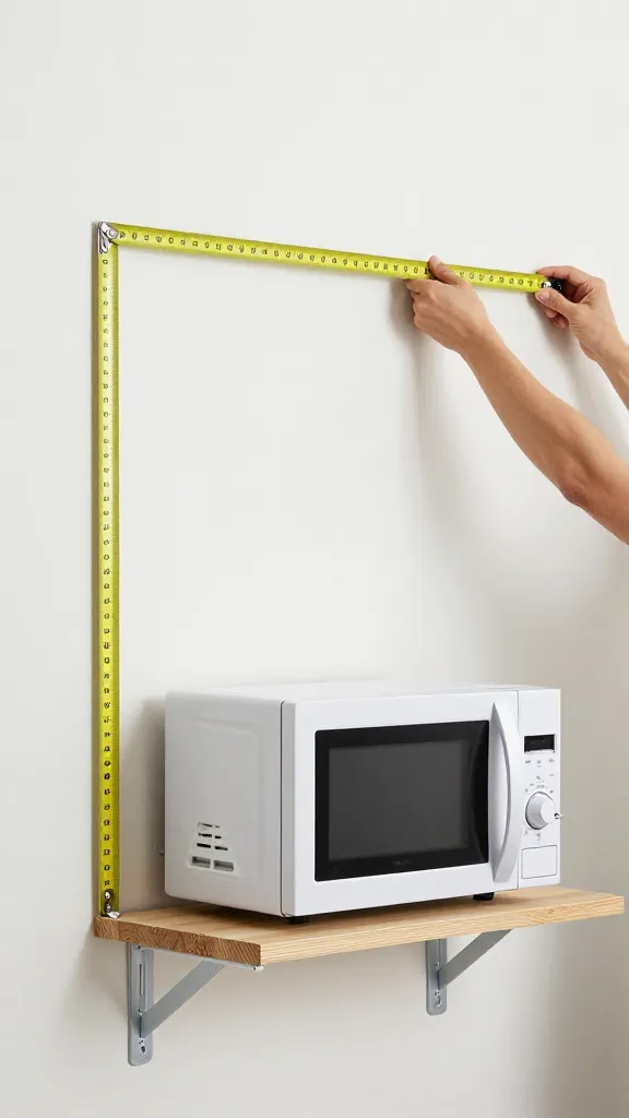 A realistic DIY workflow montage: measurements being marked on the wall, level being checked, bracket holes drilled, screws labeled, and the final shelf with a microwave attached, all in a single frame.