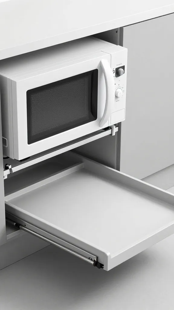 Under-cabinet slide-out tray setup in grayscale workshop lighting: a microwave on a tray that slides smoothly, with the tray extended, showing hidden wire management and a tidy underside.