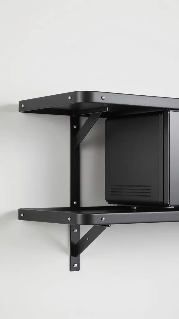 A sturdy, heavy-duty industrial-style microwave shelf with a reinforced steel bracket system, exposed hardware, and a matte black finish, mounted in a modern kitchen scene.
