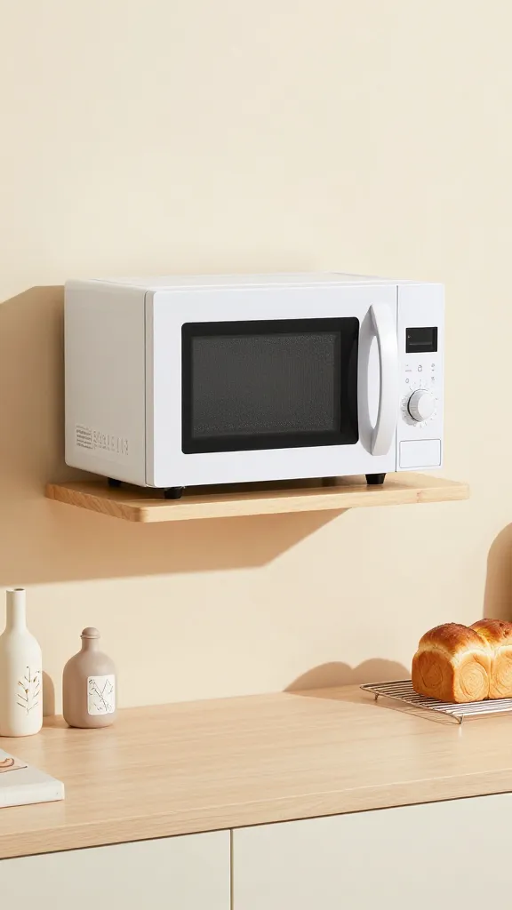 A family-friendly kitchen scene showing a microwave on a floating shelf with a small gap beneath for airflow, decorative items on the counter nearby, and a bread loaf cooling on a rack in the background for scale.