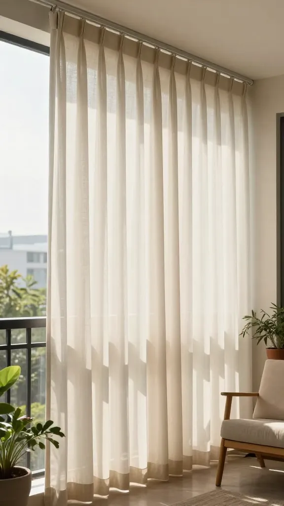 16 Balcony Privacy Ideas Diy: Stylish, Budget-Friendly Hacks 2 A sunlit balcony with tall outdoor curtains hung from a ceiling-mounted track, softly diffusing light, light-colored fabric, no visible text, potted plants along the railing, and a cozy chair tucked beneath the curtains.