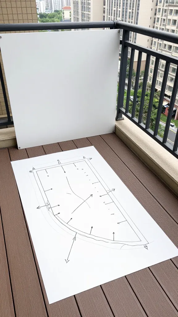 16 Balcony Privacy Ideas Diy: Stylish, Budget-Friendly Hacks 3 A compact balcony privacy plan laid out on a wooden deck: a simple sketch map, wind arrows drawn in chalk, small scale measurements noted, and a lightweight removable panel leaning against the railing, with a backdrop of city buildings.