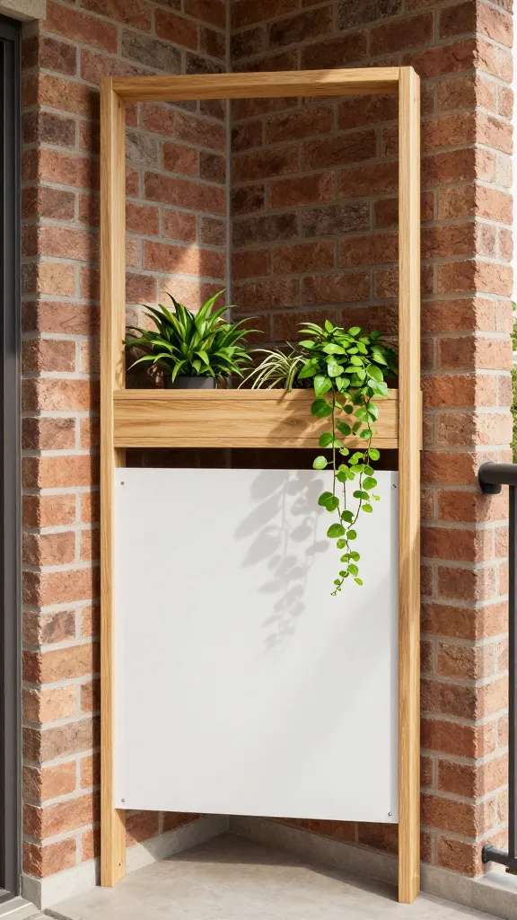 16 Balcony Privacy Ideas Diy: Stylish, Budget-Friendly Hacks 4 A DIY privacy frame installed on a balcony corner: slender wooden posts, a lightweight panel system, no fasteners visible on brick wall, with a sunlit plant shelf and trailing vines creeping up the sides.