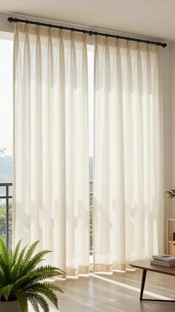 16 Balcony Privacy Ideas Diy: Stylish, Budget-Friendly Hacks 5 A breezy balcony scene featuring outdoor curtains paired with a tension rod setup: fabric gathered neatly, soft shadows from the fabric on the floor, a small coffee table, and a potted fern in the foreground.