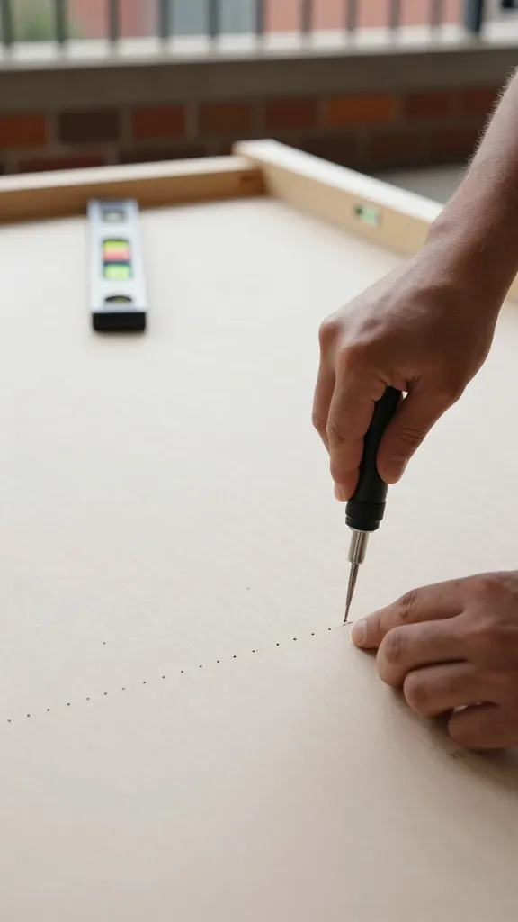 16 Balcony Privacy Ideas Diy: Stylish, Budget-Friendly Hacks 6 A sequence showing a fabric panel being attached to a low-profile frame: close-up of hands drilling tiny holes in a lightweight panel, a carpenter’s level, and a partially assembled frame against a brick balcony wall.