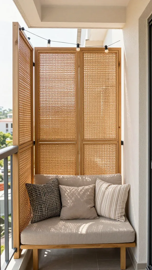 16 Balcony Privacy Ideas Diy: Stylish, Budget-Friendly Hacks 7 A cozy balcony nook with privacy screens: woven lattice panels attached to a slim frame, string lights overhead, a compact sofa, and a few decorative cushions, with sunlight streaming through the gaps.