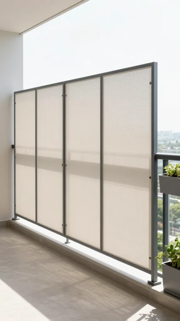 16 Balcony Privacy Ideas Diy: Stylish, Budget-Friendly Hacks 8 A modern balcony with modular privacy panels: interlocking panels of breathable material, a slim metal frame, planters along the railing, and a breeze creating gentle shadows on the floor.