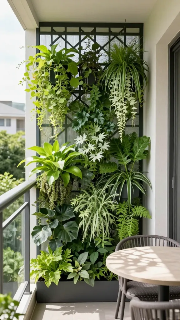 16 Balcony Privacy Ideas Diy: Stylish, Budget-Friendly Hacks 9 A balcony using greenery for privacy: vertical herb wall and hanging plants cascading from a trellis, translucent screening behind the plants, and a small dining set casting dappled shade.