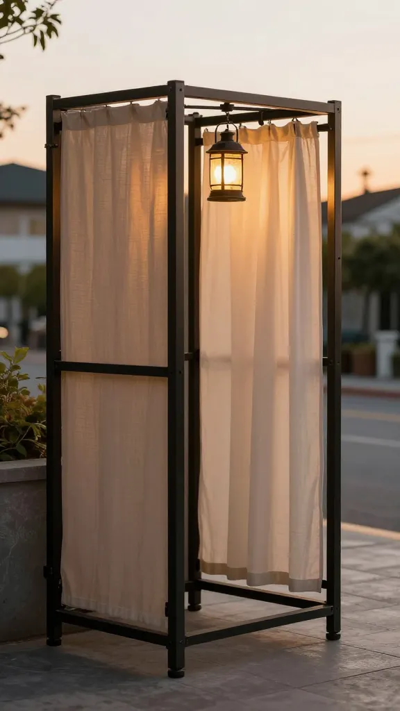 16 Balcony Privacy Ideas Diy: Stylish, Budget-Friendly Hacks 10 A hybrid privacy setup at golden hour: sturdy frame with removable panels folded to one side, soft glow from lantern-style lights, light-colored curtains pulled aside, and a view of a quiet street beyond.