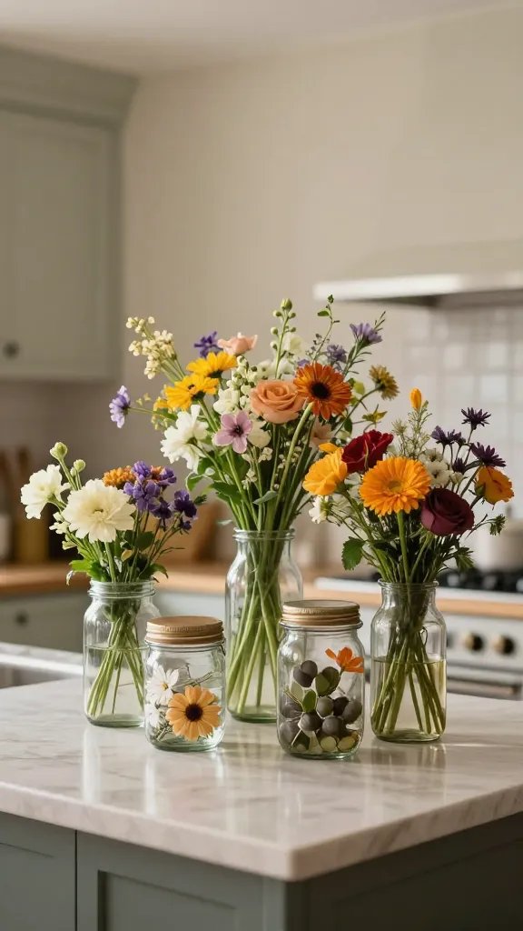 A cozy home still-life scene featuring a DIY flower bar on a kitchen island: assorted glass jars and vintage vases at varying heights, filled with bright seasonal blooms, against a softly blurred neutral backsplash and warm natural light.