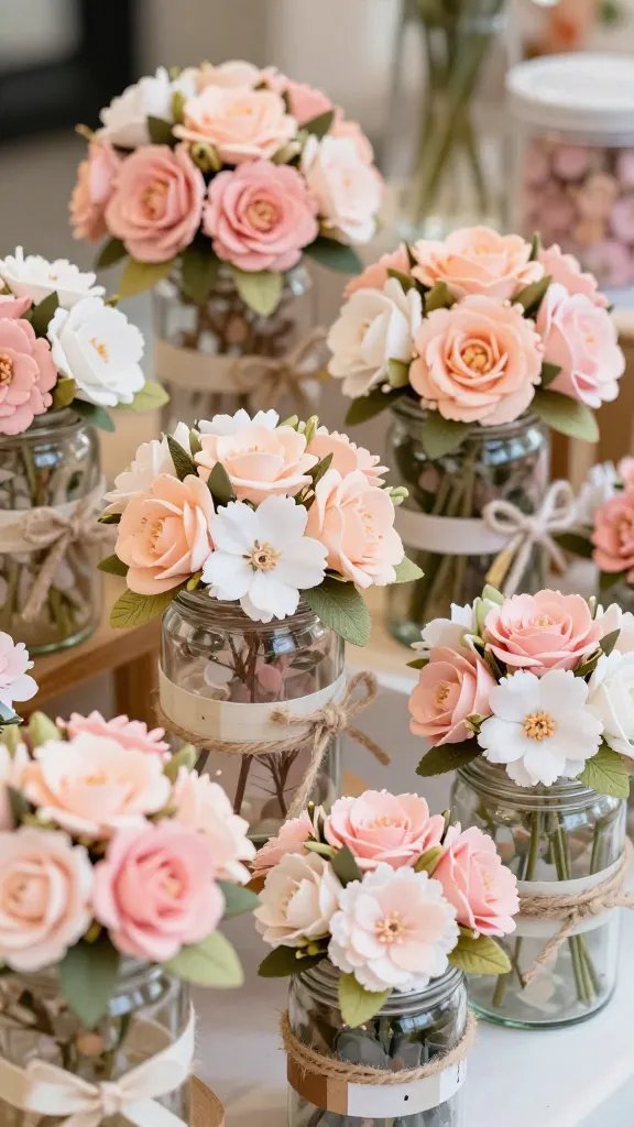 Close-up of a handmade flower bar display: a row of jars and tins at different heights with pink, peach, and white blossoms, twine and simple tape accents visible, shallow depth of field.