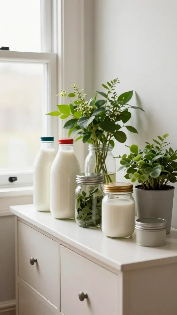 A bright living room corner with a homey flower bar on a console table: assorted containers (milk bottles, mason jars, small tins) arranged asymmetrically, lush greenery, and a sunlit window in the background.