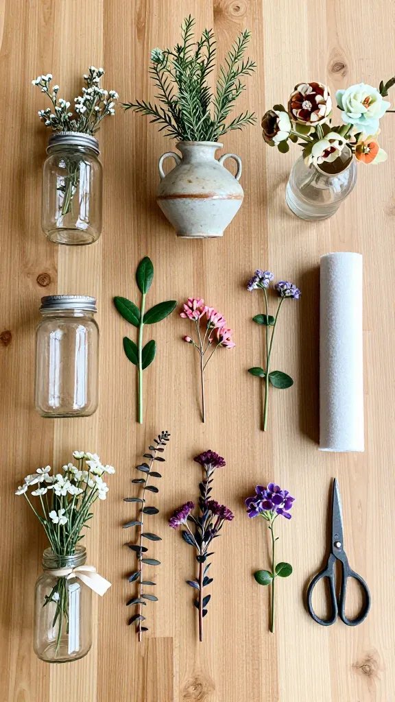 A top-down flat lay of budget-friendly flower bar materials: glass jars, vintage vases, tape, scissors, floral foam optional, and an assortment of stems laid out on a wooden tabletop.