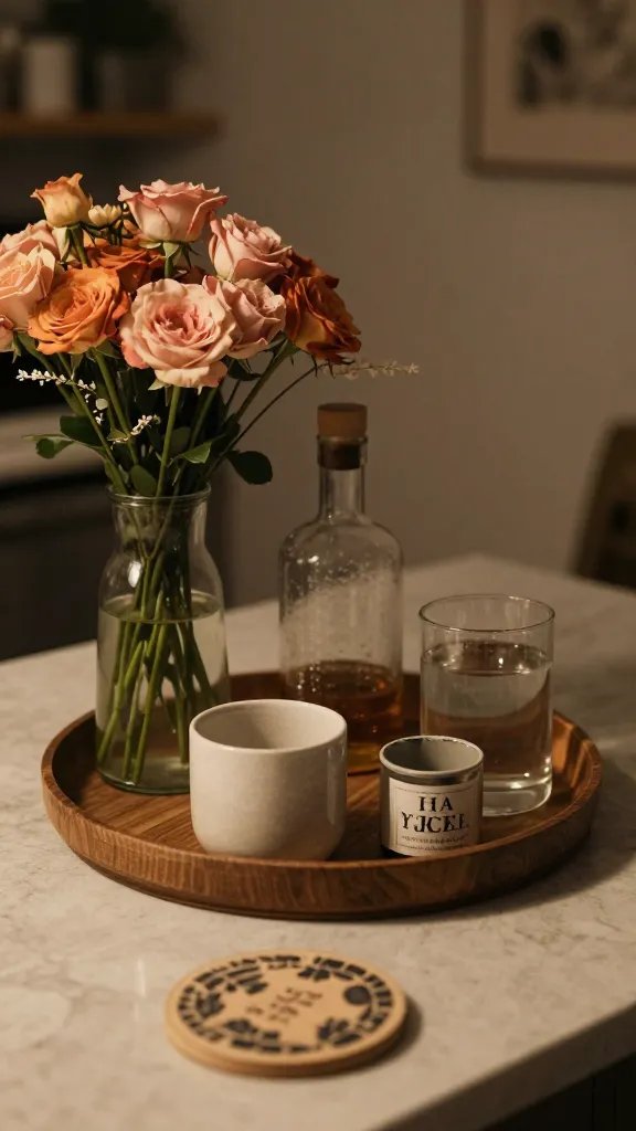 A weeknight-friendly setup: a small bar-height tray with mixed-height containers, warm-hued blooms, and a coastered workspace hint, suggesting an easy, non-stress DIY project.