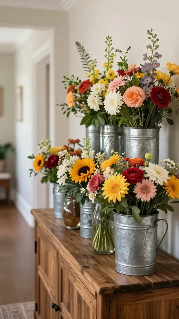 An entryway display featuring a rustic flower bar: galvanized tin containers, mismatched jars, and bold blooms creating a welcoming vignette, with a soft-focus hallway in the background.