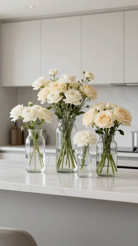 A minimalist flower bar in a modern kitchen: clear glass jars of varying heights, monochrome blooms (cream and ivory), and a clean countertop with subtle color accents.