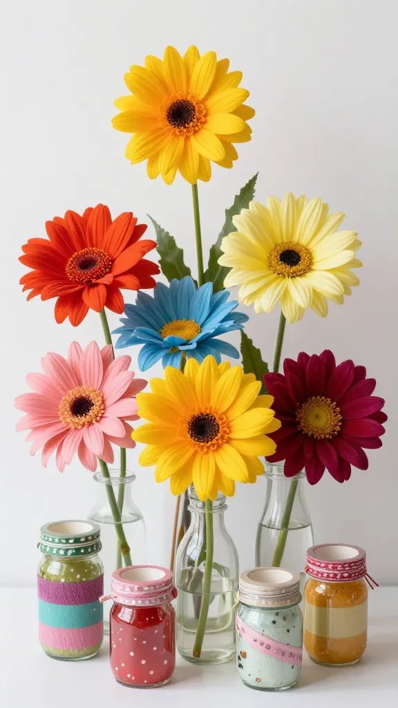 A playful, party-ready flower bar arrangement: bright, saturated colors, taller vase heights in the back, shorter jars in front, with festive tape and twine embellishments visible.