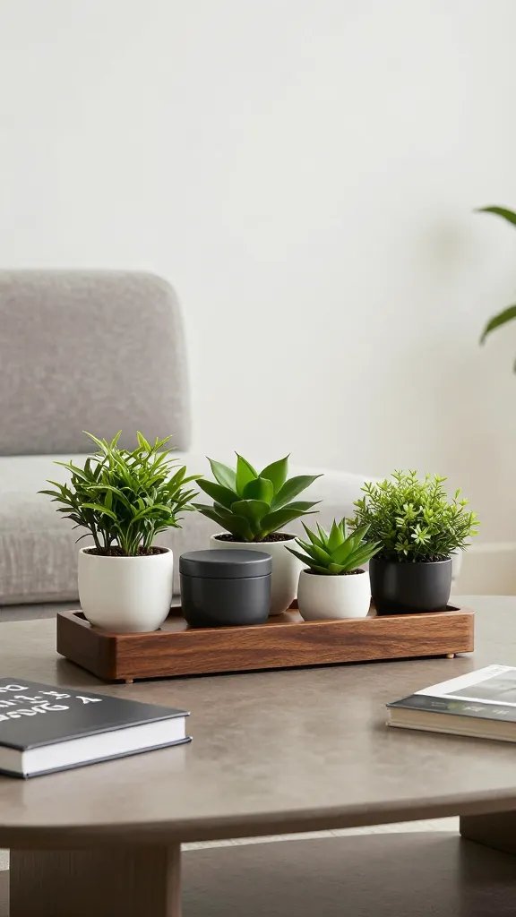 A year-round living room setup showing a compact flower bar on a coffee table: assorted containers, small potted greenery, and a couple of sleek hardcover books to frame the display.
