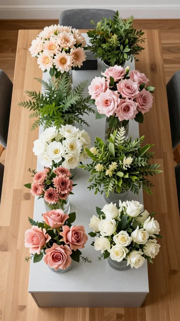 An overhead view of a completed DIY flower bar on a dining table: a curated mix of containers, diverse flower textures (soft petals, leafy greens), and careful height variation creating a lush, magazine-worthy centerpiece.