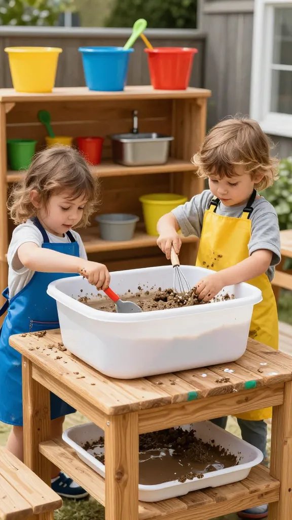 A sunny backyard mud kitchen setup on a sturdy wooden table with a large plastic tub, outdoor-safe paint on the frame, a small metal sink, wooden shelves above holding colorful pots and scoops, and a tray underneath catching drips; kids wearing waterproof aprons happily mixing mud and water with spoons and whisks.