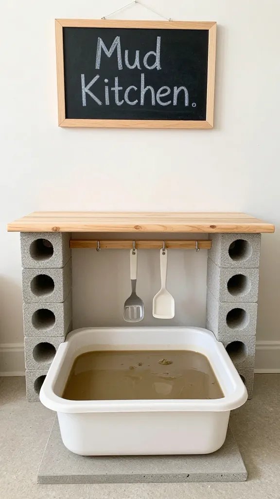 Elevated countertop mud kitchen: a kid-sized raised platform at waist height, a wide shallow basin filled with muddy water, stacked cinder blocks supporting a wooden counter, hanging hooks with utensils, and a chalkboard sign in the background that reads “Mud Kitchen.”