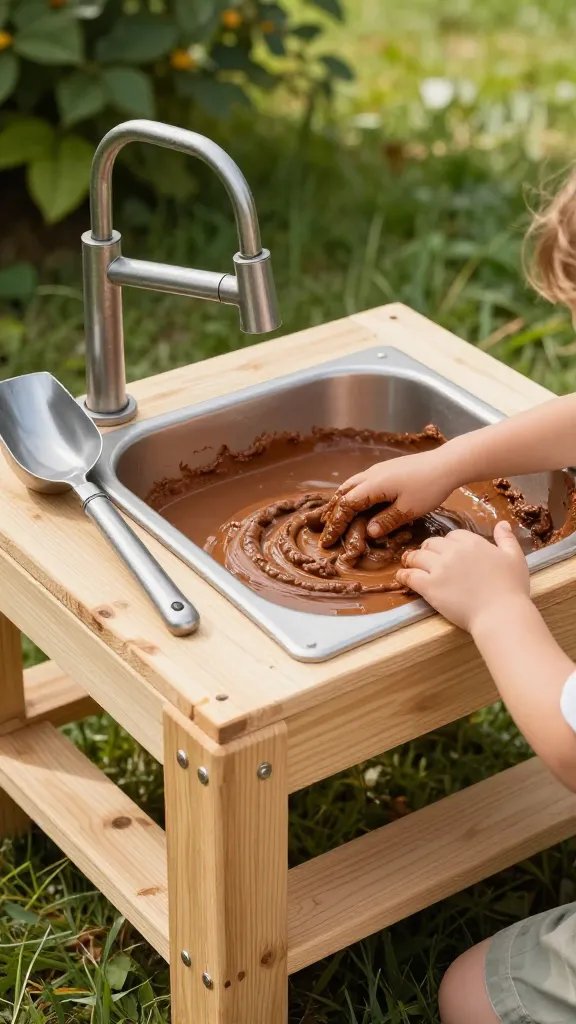 Classic wooden mud kitchen on a budget: pallet-style wood, a weatherproof sealant finish, a large tub built into the table, clay-colored mud, metal scoopers, a metal faucet-like spout, and toddler hands shaping pretend soup, with greenery and sunlight overhead.
