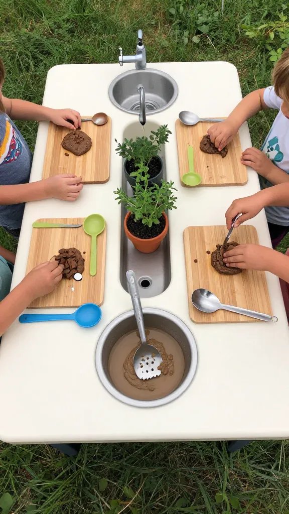 Side-by-side mud kitchen station: two workstations sharing a central tub, each with its own set of utensils, mini cutting boards, and herb pots, kids collaborating to pretend bake mud pastries, with a small outdoor sink and splash of water.