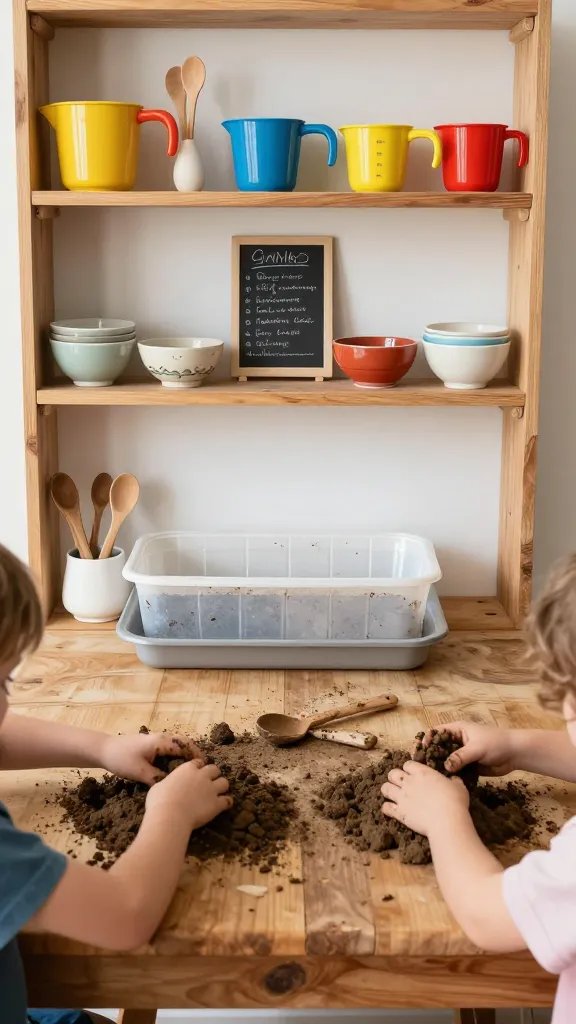 Mud kitchen on a rustic wooden table with shelves: open shelving above stocked with colorful measuring cups, wooden spoons, tiny ceramic bowls, a chalk-drawn recipe card, a tub lined with a tray below, and kids digging in with dirtied hands.