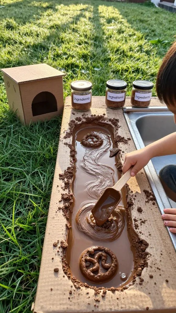 Early-morning mud kitchen with sunlight: dew on grass, a kid using a wooden scoop to pour mud into new shapes, a clay-colored mud river in a shallow trough, labeled “ingredients” jars, and a DIY cardboard “oven” beside a sink area.