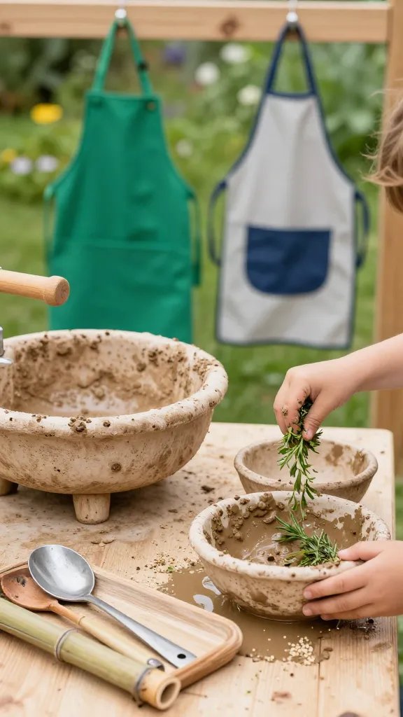 Seed-to-supper mud kitchen: small garden nearby, kids picking fresh herbs to sprinkle into mud bowls, a rustic sink with a wooden handle, metal and bamboo utensils, and a tray catching spills, with a toy apron hanging on a hook.