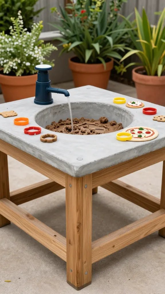 Outdoor concrete-and-wood hybrid mud kitchen: concrete tabletop, wooden frame, a deep tub embedded into the surface, a small water pump for mixing, and kids building mud pizzas with round cookie-cutters, surrounded by potted plants.