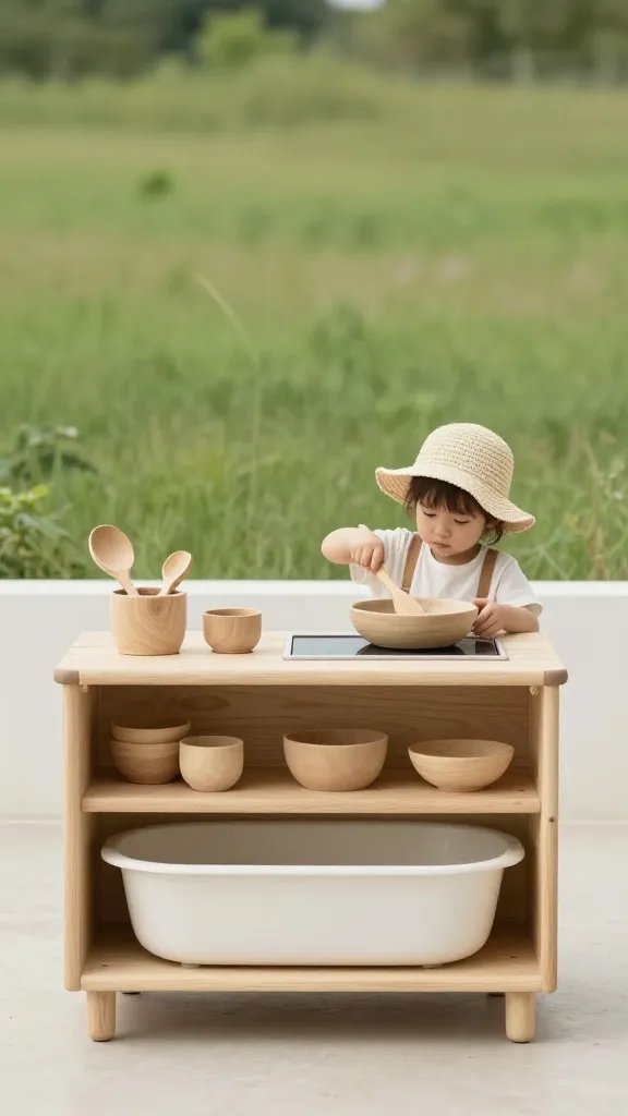 Minimalist elevated mud kitchen: sleek light-colored wood, a low shelf with neatly arranged natural scoops and bowls, a shallow wide tub, a child in a sunhat using a wooden spatula to stir, and a calm grassy backdrop.