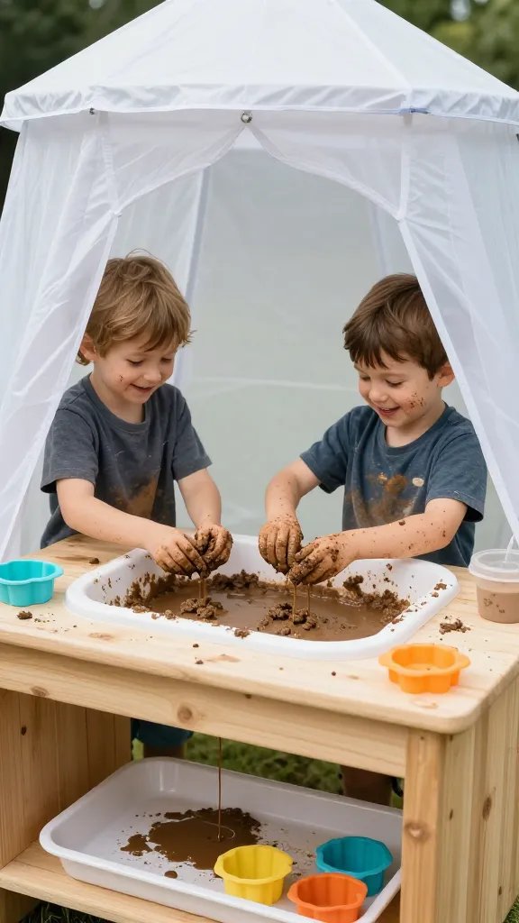 Mud kitchen with weatherproof tent shade: wooden countertop with a built-in tub, rainproof sealant visible on edges, colorful silicone molds, kids wearing mud-streaked smiles, and a tray beneath catching drips while they “cook” mud soups.