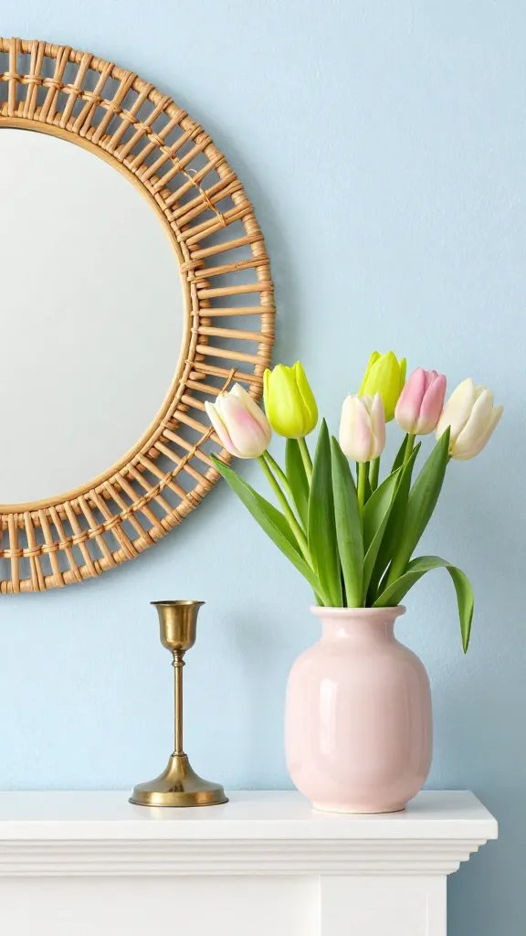 A bright spring mantel arrangement featuring a pale blue backdrop with layered textures: a woven rattan mirror, a brass or copper candle holder, and a ceramic vase in blush pink holding a mix of pastel tulips and chartreuse greens.
