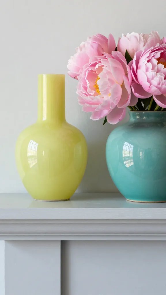 Close-up of a mantel displaying soft pastel elements with a bold accent: a pale gray mantel shelf with a chartreuse vase, a teal ceramics piece, and a cluster of pink peonies, all reflecting natural light.
