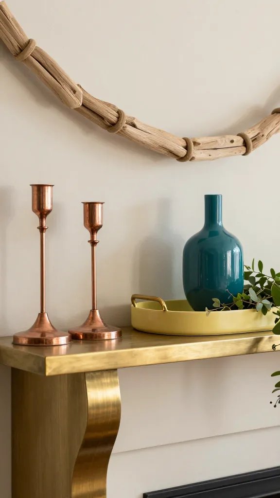 A warm, inviting mantel scene showing brushed brass accents: copper-toned candlesticks, a light wood garland, a shallow tray in soft yellow with a single bold teal vase, and greenery spilling over the edges.