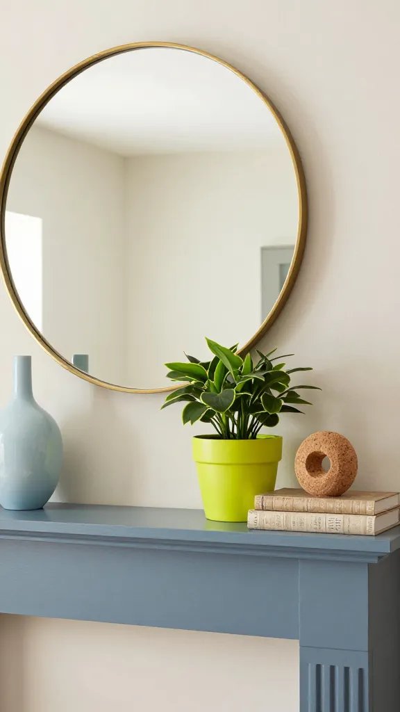 A layered mantel with a pale backdrop and saturated accents: a large round mirror in brass, a pale blue vase, a bright chartreuse plant pot, and a stack of textured books with a cork sculpture.