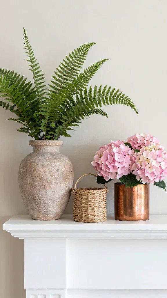 An outdoors-inspired mantel vignette: a stone or terracotta vase with fern fronds, a woven basket, a small copper planter, and a soft pink hydrangea arrangement on a light plaster backdrop.