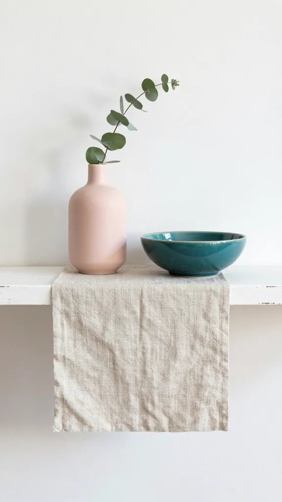 A minimalist spring mantel with texture: a linen runner, a distressed white mantel, a ceramic vase in blush pink, and a bold teal ceramic bowl, plus a sprig of eucalyptus for greenery.
