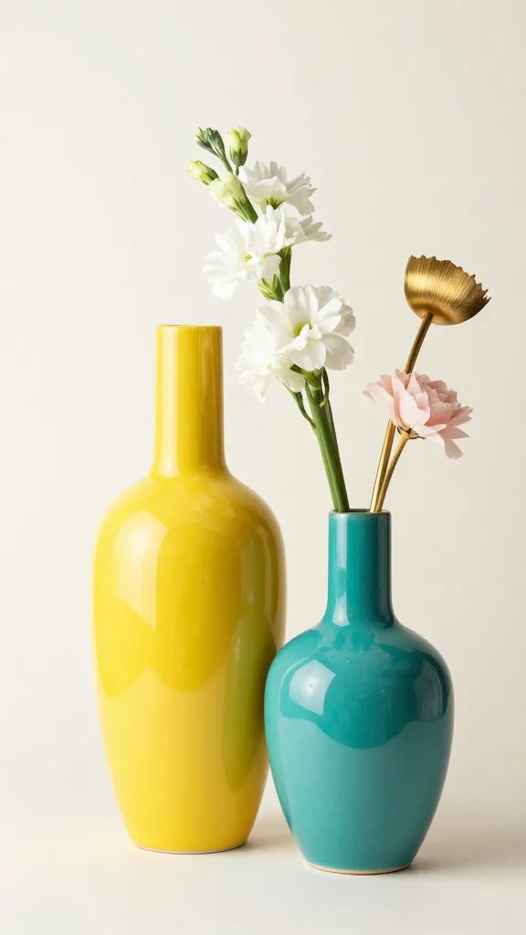 A bold color moment: chartreuse and teal mix on a light backdrop, featuring a tall chartreuse vase, a teal ceramic vase, and a delicate bouquet of white and pale pink flowers, complemented by brushed brass accents.