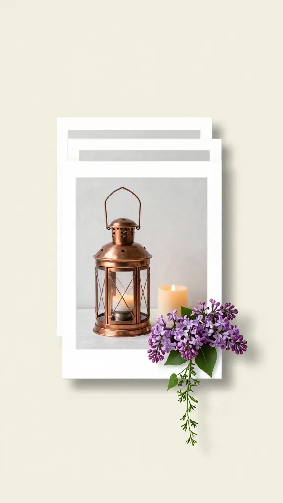 A layered vignette with depth: pale backdrop, a series of small stacked frames, a copper lantern, a soft yellow candle, and a cluster of lilac or lavender blooms with trailing greenery.