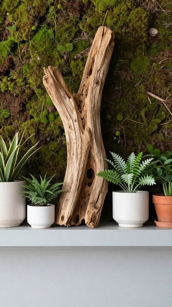 A natural elements-focused mantel: driftwood or hollowed log element, a mossy texture behind, white and green plant arrangements in ceramic pots, a small terracotta pot, and a light gray mantel to highlight the natural tones.