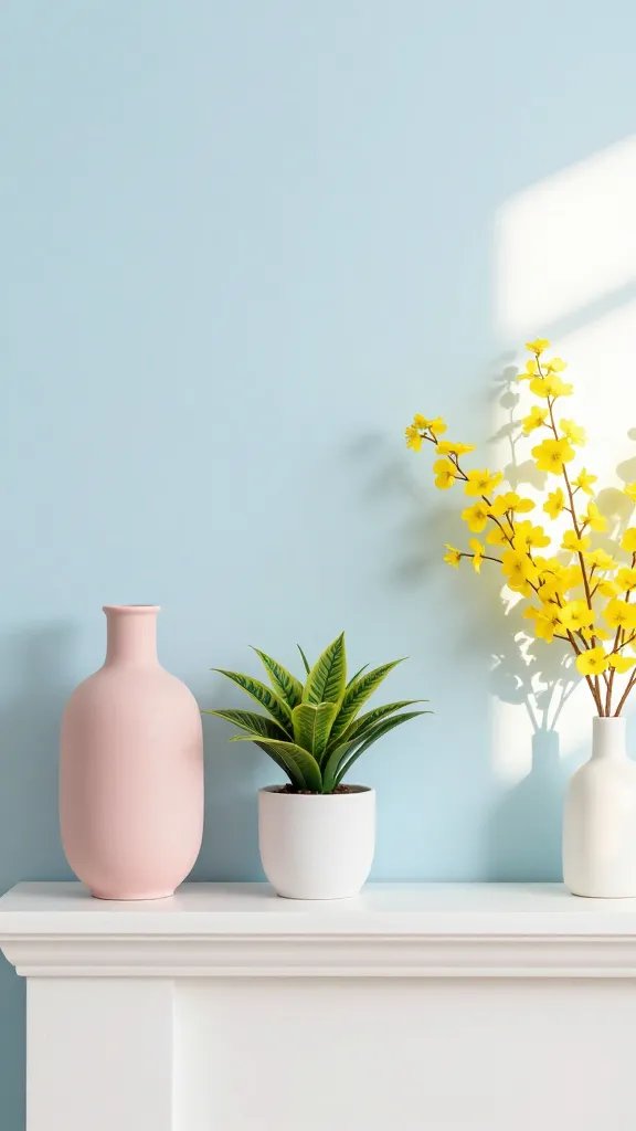 A spring color progression on a mantel: start with a pale blue backdrop, add a blush pink vase, a chartreuse accent plant in a simple white pot, and a few saturated yellow sprigs arranged with a sunlit window glow in the background.