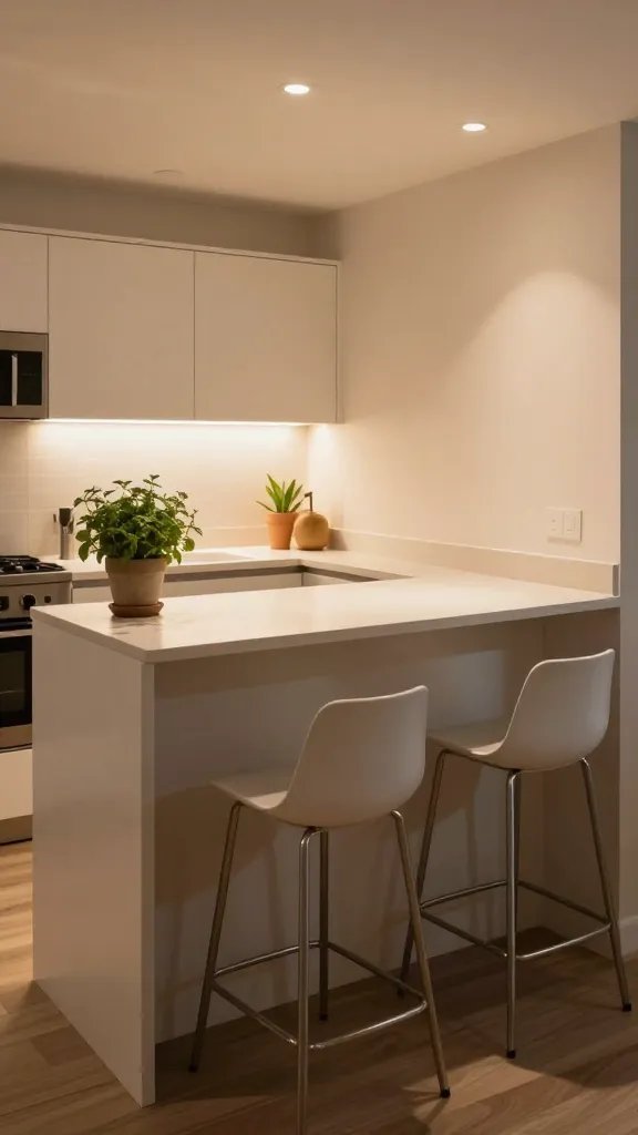 A compact L-shaped kitchen with a wall-mounted drop-leaf counter extended to form a casual eating bar, paired with two sleek bar-height stools, warm ambient lighting, and a small potted herb plant on the counter.