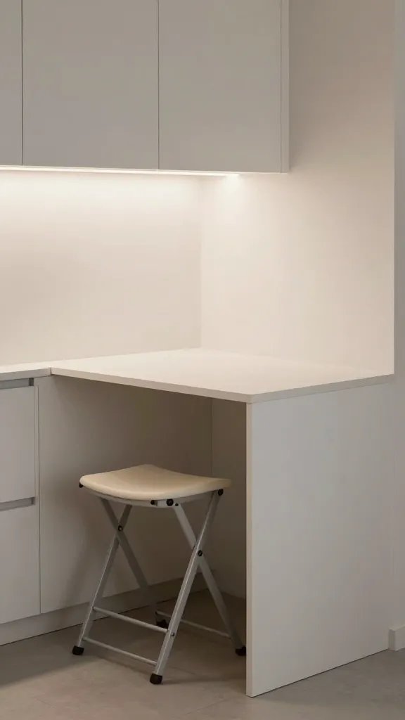 A tiny kitchen peninsula with foldable stools tucked neatly underneath, showcasing a clean, uncluttered surface that doubles as a prep area, with soft under-cabinet lighting and a minimalist color palette.