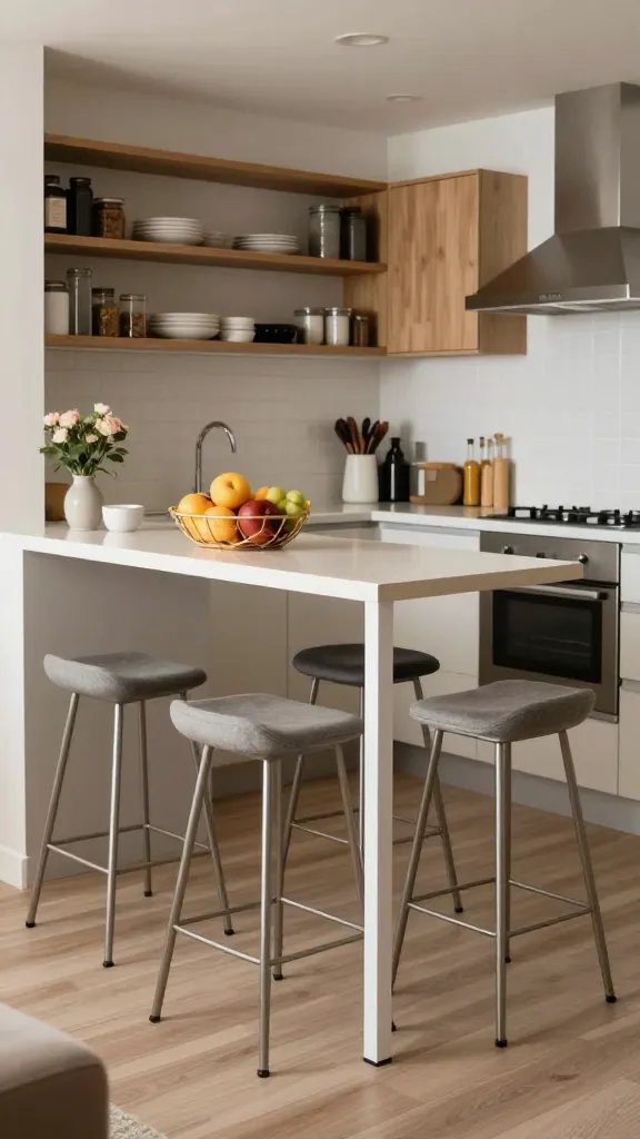 An open-plan apartment kitchen featuring a high-top bar table with three modern stools, open shelving in the background, and a basket of fresh fruit on the counter, evoking a social, bustling vibe.
