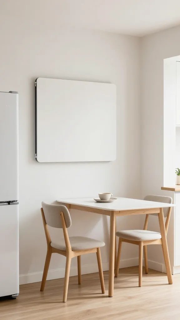 A wall-mounted fold-away seating setup: a slim drop leaf attached to the wall next to the fridge, transformed into a compact dining nook with a single chair and a small place setting, in a bright, airy kitchen.