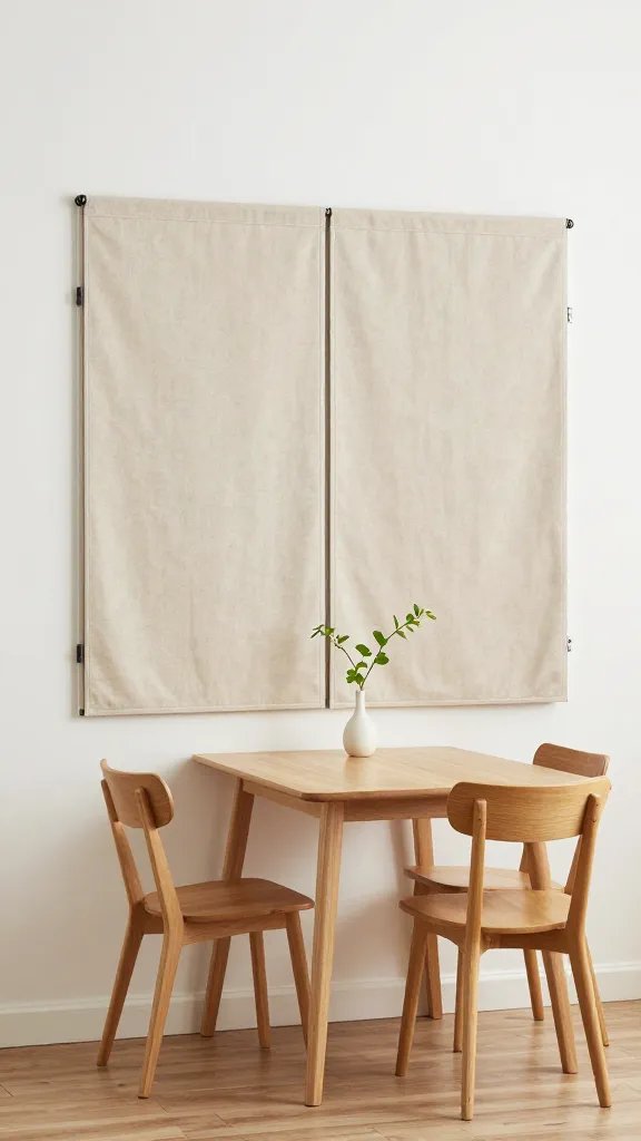 A small kitchen with over-the-door or wall-mounted fold leaves in use: two leaves extended to create a narrow breakfast nook, two slim chairs pushed under, and a vase with a single stem on the table.